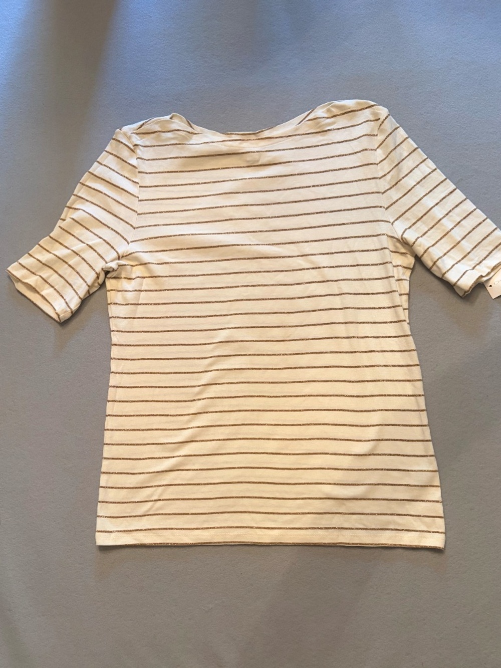 NWT Charter Club Gold Metallic Stripe Elbow Sleeve T-Shirt Large L